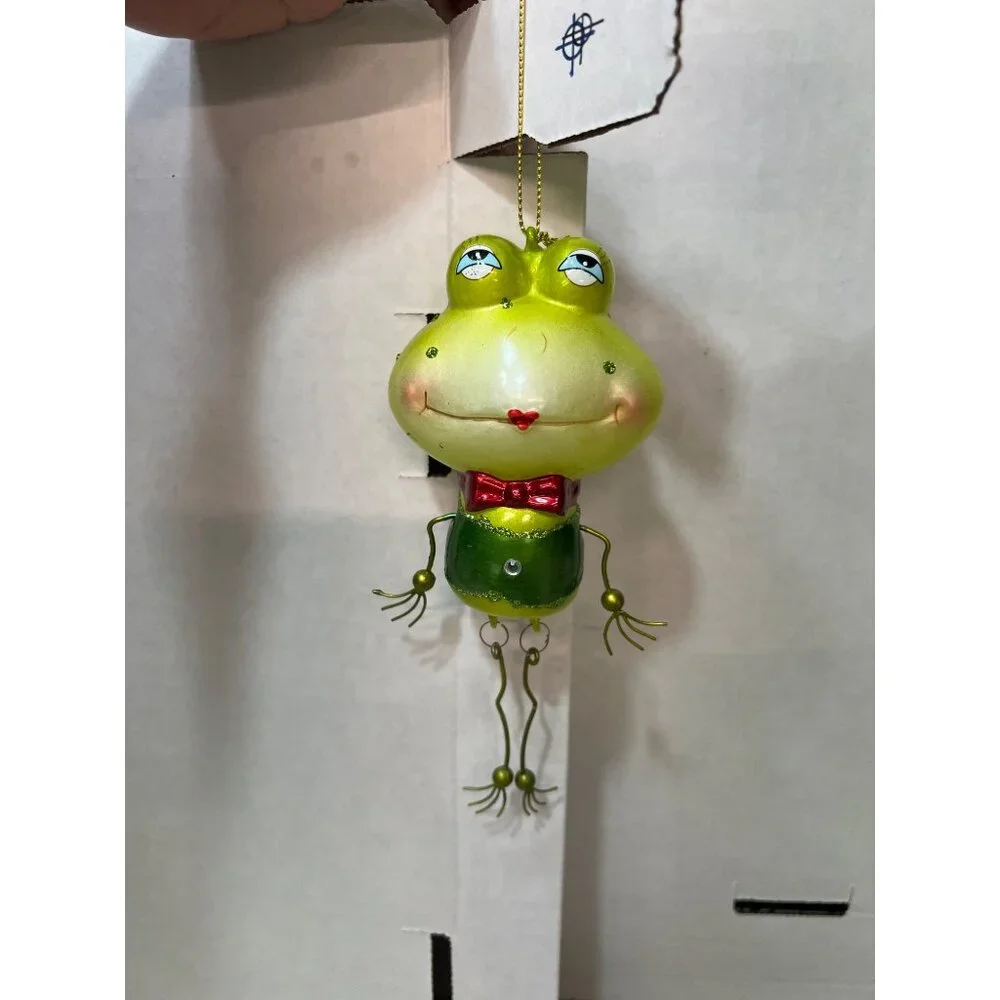 Pier 1 blown glass green lights Frog Hanging Figurine Ornament With Red Bow Tie